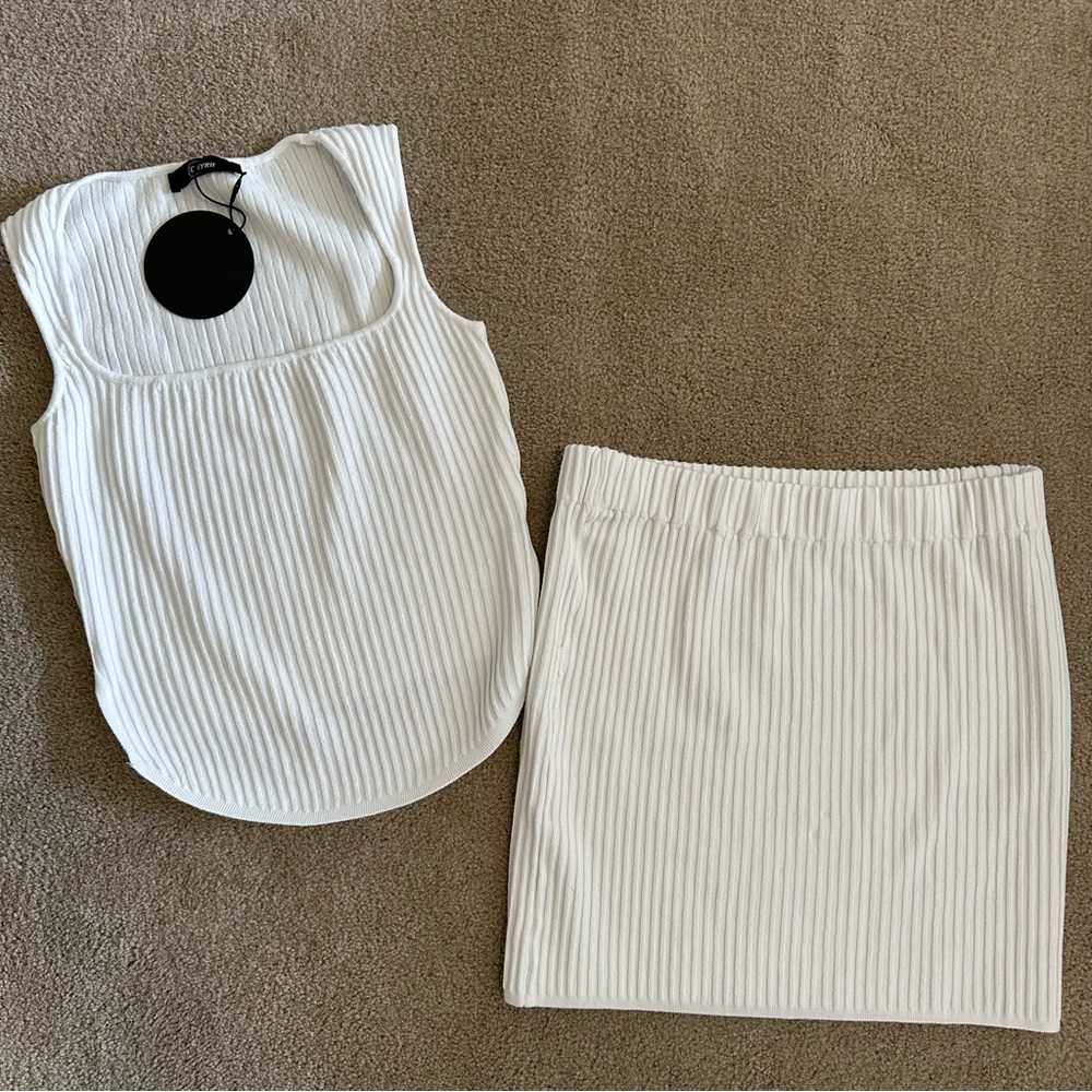 NWT Set: Women's White Ribbed Knit Skirt Set - Sleeveless Top & Mini Skirt